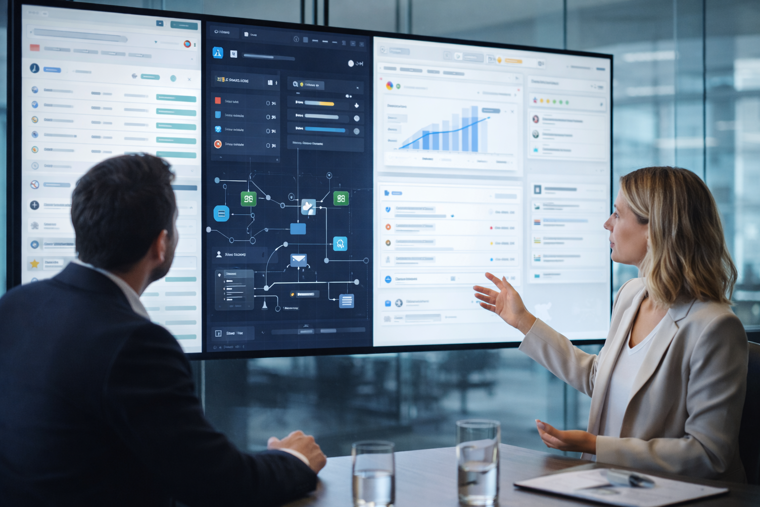 Executives reviewing multiple disconnected business software dashboards before integration.